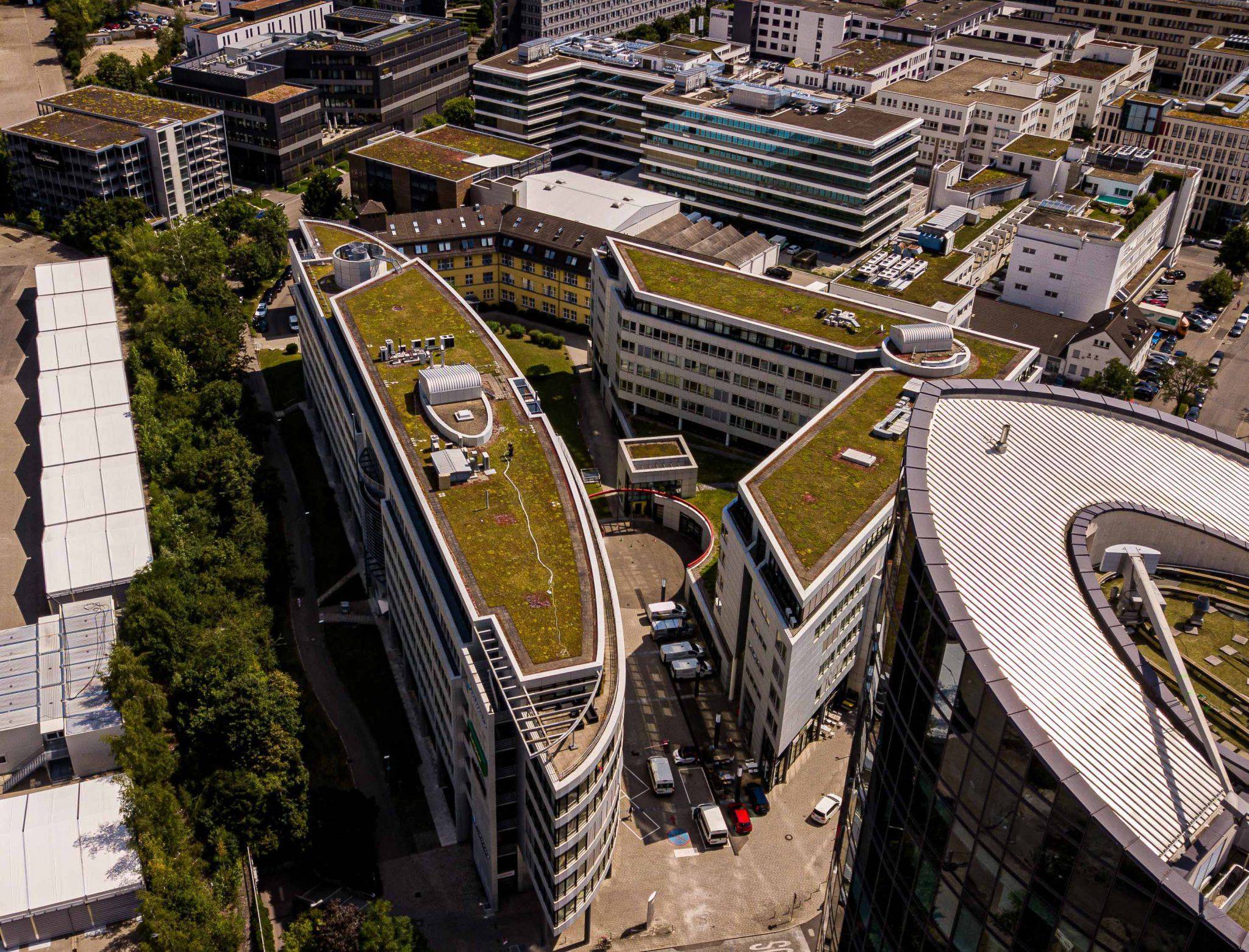 Immobilienfotografie eines Gründachs auf einem Gebäude.